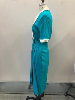 NANCY JOHNSON, Turquoise Blue, Cream, Rayon, Cotton, Solid, Color Blocking, Wrap, Contrast Shawl Lapel (with Modesty Snap) And Cuffs, Shoulder Pads, S/S, Elastic Back Waistband with 2 Bttns On Front, Box Pleats From CF Waist To ~ 10" Above Hem, 2 Hip Pckt On Seams