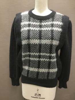 Womens, Sweater, JH COLLECTION, Faded Black, White, Wool, Acrylic, Plaid, Solid, S, Pullover, Solid Black L/S, Ribbed Knit Crew Neck/Cuff/Waistband, Extra Vertical Solid Black Panels at Shoulder Near Sides, Pleated Shoulders