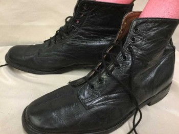 Mens, Boots 1890s-1910s, Baxter, Black, Leather, Solid, 10, Lace Up, Low Stack Heel, Ankle High,