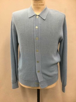 ROOS/ATKINS, Lt Blue, Alpaca, Solid, Cardigan, Knit, Long Sleeves, Button Front, Collar Attached, **Has Stain On Button Placket In Between 3rd & 4th Buttons,