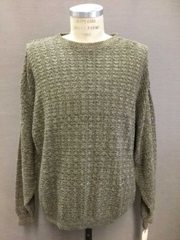 Mens, Sweater, BILL BLASS, Olive Green, Tan Brown, Taupe, Cotton, Acrylic, Heathered, XL, Long Sleeves, Crew Neck,