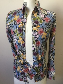 H & M, Black, Red, Mustard Yellow, Pink, Olive Green, Cotton, Viscose, Floral, Black with Red, Mustard, Light Pink, Olive, Burgundy, Slate Blue Floral Print, Collar Attached, Button Front, Long Sleeves,