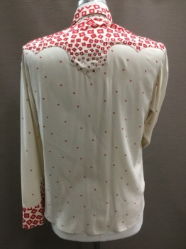 YVES SAINT LAURENT, Cream, Red, Viscose, Rhinestones, Novelty Pattern, with Rhinestones in Diamonds on Western Yoke, Snap Front, Yoke Becomes Snap Flap on 2 Pockets, Rhinestones on Cuffs, L/S, C.A., Thread Pulls Throughout