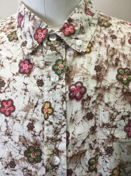 STUSSY, Beige, Brown, Pink, Orange, Cotton, Floral, Abstract , Beige with Abstract Brown Cracked  W/green, Orange, Pink, Yellow Flower Print with Brown Outline, Collar Attached, Button Front, 1 Pocket, Short Sleeves,