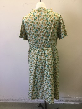 N/L, Beige, Forest Green, Aqua Blue, Turquoise Blue, Cotton, Floral, Floral Printed Cotton. Jewel Neck with Self Tie at Neck, Short Sleeves, Skirt Pleated to Waist. No Zipper in Dress. No Belt