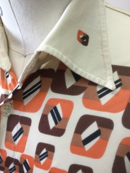 Mens, Shirt Disco, FIRE TRAP, Cream, Orange, Brown, Black, Nylon, Geometric, M, Cream with Orange, Brown, Dark Brown, & Black Squares with Rounded Edges Pattern, "Qiana"-style Fabric, Long Sleeve Button Front, Collar Attached, Retro 1970's Reproduction From 1990's