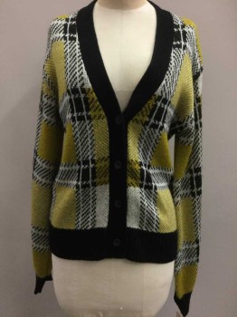 Womens, Sweater, WHO WHAT WEAR, Chartreuse Green, White, Black, Acrylic, Plaid, M, Chartreuse/black/white Plaid, Black Trim, Button Front,