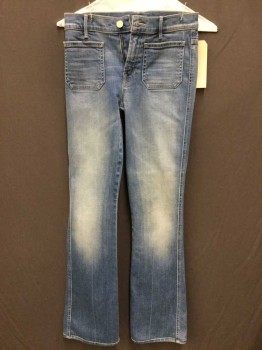 Womens, Jeans, MOTHER, Denim Blue, Cotton, Spandex, Solid, Mid Rise, Faded Stretch Denim, Snug Fit, Slightly Flaired, Patch Pockets Front and Back