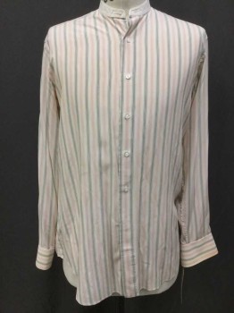 Mens, Shirt 1890s-1910s, Anto, Ivory White, Lt Pink, Gray, Silk, Stripes, 35, 15, Button Front, White Collar Band, Long Sleeves,