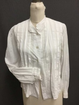Dickins & Jones, White, Cotton, Solid, 3 Button Front, Fagotting and Pintucking From Shoulder To Hem, Long Sleeves, Gathered At Shoulder and Cuff, Fagotting and Pintucked Cuff, Small Band Collar, Self Tie Center Back Waist,
