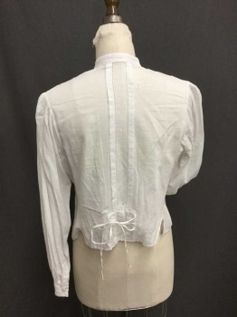 Dickins & Jones, White, Cotton, Solid, 3 Button Front, Fagotting and Pintucking From Shoulder To Hem, Long Sleeves, Gathered At Shoulder and Cuff, Fagotting and Pintucked Cuff, Small Band Collar, Self Tie Center Back Waist,