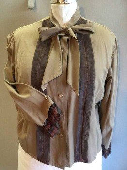 N/L, Khaki Brown, Brown, Gray, Rayon, Polyester, Solid, Stripes - Horizontal , BLOUSE:  Khaki W/vertical Gray W/brown Horizontal Stripe & Flower Detail Work Ribbon Front Center, Button Front, Collar Attached W/long Self Tie, Long Sleeves W/gray,brown Lace Cuffs,