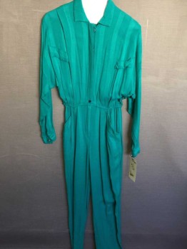Womens, Jumpsuit, Rabbit, Turquoise Blue, Rayon, Solid, 6, Button Front, Collar Attached,  Long Sleeves, Elastic Waist, 2 Pockets,