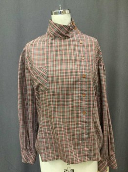 HUK A POO, Olive Green, Red, White, Polyester, Cotton, Plaid, Pleated Long Sleeves, Assymetric Button Front, Collar Attached,  Assymetric Button Collar, Button Cuffs, 1 Pocket