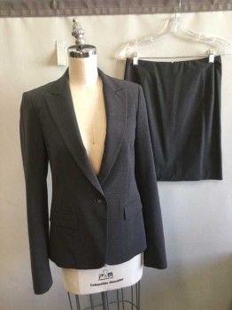 THEORY, Charcoal Gray, Wool, Lycra, Heathered, 1 Button Single Breasted, Peaked Lapel, 2 Pockets with Flaps