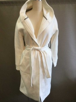 Womens, SPA Robe, WINGS+HORNS, White, Cotton, Polyester, Solid, L, Thick Jersey Knit with Divots/Dots Texture, Long Sleeves, Hooded, Kangaroo Style Pockets at Hips, Rib Knit Cuffs, Trim on Pocket, and Panel at Under Arms, ** 2 Piece with Matching Fabric Sash Belt