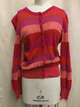 Womens, Sweater, MARC BY MARC JACOBS, Red, Magenta Purple, Coral Pink, Cotton, Stripes, S, Red/magenta Purple/ Coral Pink Stripes, Open Work, Stripe Trim, Button Front,