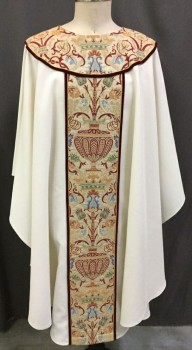 Unisex, Chasuble, THEOLOGICAL THREADS, Cream, Red Burgundy, Gold, Green, Turquoise Blue, Polyester, Solid, Floral, O/S, Round Neck,  Pullover, Poncho, Embroidered Round Yoke and Front and Back Panels