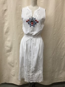 Womens, Dress, Sleeveless, SUNO, White, Navy Blue, Dusty Blue, Raspberry Pink, Cotton, Solid, Floral, 2, Split Crew Neck, Pansie Embroidery Center Front, Open Work Neck Edge, Sleeveless, Elastic Drawstring Waist, Below Knee Length Floral Eyelet Border, Lined, 2 Pockets,