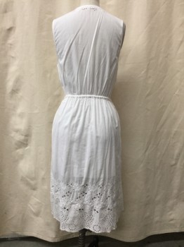 Womens, Dress, Sleeveless, SUNO, White, Navy Blue, Dusty Blue, Raspberry Pink, Cotton, Solid, Floral, 2, Split Crew Neck, Pansie Embroidery Center Front, Open Work Neck Edge, Sleeveless, Elastic Drawstring Waist, Below Knee Length Floral Eyelet Border, Lined, 2 Pockets,