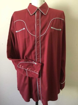 SCULLY, Cranberry Red, Lt Gray, Rayon, Polyester, Solid, Snap Front, Piping at Yoke / Placket / Arrow Point Pockets and Fancy Cuffs