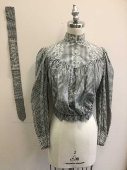 N/L, Black, White, Cotton, Gingham, Black and White Gingham, with White Cross Stitched Detail at Center Front Yoke at Chest, Shoulders on Sleeves, Stand Collar, and Cuffs, Long Leg O'Mutton Sleeves, Hidden Hook & Eye Closures in Back, Voluminous Pigeon Chest Front Gathered Into Smocked Panel at Center Front Waist,*2 Piece - Comes with Matching Fabric 1.5" Wide Sash Belt,