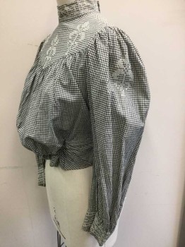 N/L, Black, White, Cotton, Gingham, Black and White Gingham, with White Cross Stitched Detail at Center Front Yoke at Chest, Shoulders on Sleeves, Stand Collar, and Cuffs, Long Leg O'Mutton Sleeves, Hidden Hook & Eye Closures in Back, Voluminous Pigeon Chest Front Gathered Into Smocked Panel at Center Front Waist,*2 Piece - Comes with Matching Fabric 1.5" Wide Sash Belt,