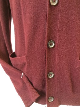 Mens, Cardigan Sweater, RALPH LAUREN, Maroon Red, Cashmere, Solid, S, Maroon, V-neck, 5 Button Front, Long Sleeves, 2 Pockets