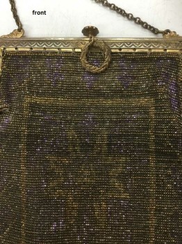 Womens, Purse, Gold, Lavender Purple, Bronze Metallic, Beaded, Geometric, Gold Bronze & Lavender Micro Beaded Geometric Floral Pattern, Fringe Trim on Bottom Needs Work, Antique Gold Filigree Clasp & Gold Chain Strap, Very Delicate & Fragile, See Photo Attached,