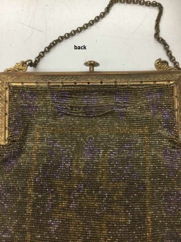 Womens, Purse, Gold, Lavender Purple, Bronze Metallic, Beaded, Geometric, Gold Bronze & Lavender Micro Beaded Geometric Floral Pattern, Fringe Trim on Bottom Needs Work, Antique Gold Filigree Clasp & Gold Chain Strap, Very Delicate & Fragile, See Photo Attached,