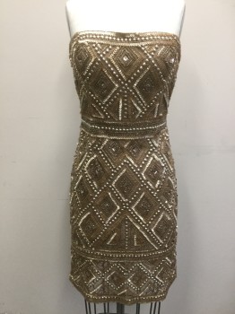 ADRIANNA PAPELL, Gold, Taupe, Sequins, Synthetic, Diamonds, Strapless, With Gold Beads, Zip Back, Hem Above Knee,