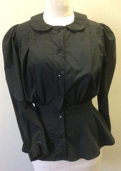 N/L MTO, Black, Cotton, Solid, Long Sleeves, Button Front, Peter Pan Collar, Vertical Pleats at Shoulders, Gathered Into Self 1.5" Wide Waistband, Peplum Waist/Hem, Puffy Sleeves Gathered at Shoulders, Made To Order