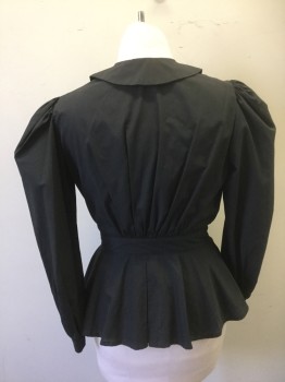 N/L MTO, Black, Cotton, Solid, Long Sleeves, Button Front, Peter Pan Collar, Vertical Pleats at Shoulders, Gathered Into Self 1.5" Wide Waistband, Peplum Waist/Hem, Puffy Sleeves Gathered at Shoulders, Made To Order