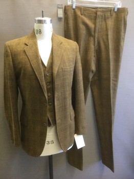 Mens, 1960s Vintage, Suit, Jacket, BROOKFIELD, Ochre Brown-Yellow, Moss Green, Brown, Wool, Plaid, 38R, Single Breasted, 3 Buttons,  Notched Lapel, 3 Pockets, Single Back Vent