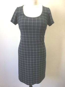 Womens, Dress, Short Sleeve, ANN TAYLOR, Navy Blue, Tan Brown, Rayon, Polyester, Grid , 6, Navy with Tan Grid Stripes, Short Sleeves, Scoop Neck, 2" Wide Self Waistband, Straight Fit Skirt, Knee Length
