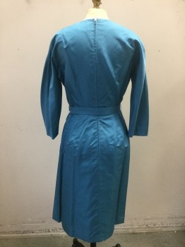 N/L, French Blue, Silk, Solid, Silk Satin, 3/4 Sleeves, Wrapped V-neck, Horizontally Pleated Peplum Waist with Rosette at Hip, Ruffled Godet Panels at Side of Skirt, Hem Below Knee, ** 2 Piece with Self Fabric Covered Belt with 3D Self Rosette Attached