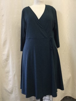 Womens, Dress, Long & 3/4 Sleeve, TORRID, Dk Blue, Polyester, Rayon, Heathered, 2 X, Cross Over V-neck, Faux Self Tie Bust, Ribbed