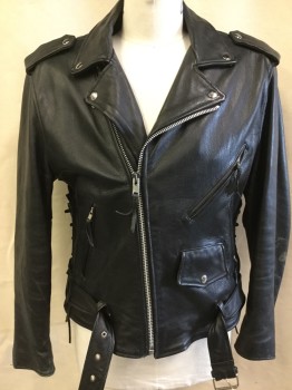 Mens, Leather Jacket, WILSONS, Black, Leather, Solid, XL, Black Texture and Black Lining,  Biker Style, Collar Attached, Metal Studs, Off Side Zip Front, Epaulettes, Long Sleeves with Zipper Hem, Side Lacing, Belt on Hem, (Scratches/peels on Elbow)