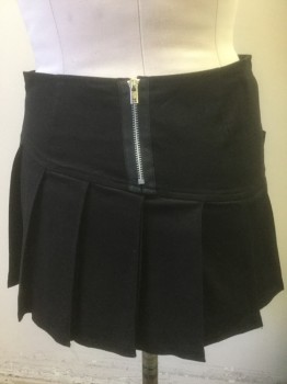Womens, Skirt, Mini, TRIPP, Black, Cotton, Spandex, Solid, M, Pleated Mini Skirt with Self Attached Belt, Silver Metal Grommets, Pyramid Studs, and Hanging Chain at Hip, Dropped Waist, Silver Zipper at Center Back, Mall Goth/Emo Style