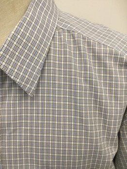 ROUNDTREE & YORK, White, Brown, Blue, Cotton, Plaid, White with Blue/Brown Grid Plaid, Button Front, Collar Attached, Long Sleeves, 1 Pocket, Doubles (FC035029)