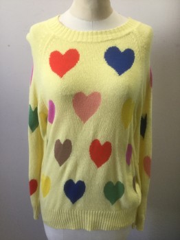 Womens, Pullover, WILDFOX, Lemon Yellow, Multi-color, Blue, Pink, Green, Cotton, Acrylic, Hearts, XS, Lemon Yellow with Multicolor (Poppy Red, Lavender, Pink, Blue, Green, Etc) Hearts Pattern, Lightweight Knit, Long Sleeves, Pullover, Scoop Neck, Raglan Sleeves