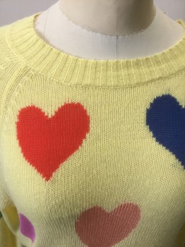 Womens, Pullover, WILDFOX, Lemon Yellow, Multi-color, Blue, Pink, Green, Cotton, Acrylic, Hearts, XS, Lemon Yellow with Multicolor (Poppy Red, Lavender, Pink, Blue, Green, Etc) Hearts Pattern, Lightweight Knit, Long Sleeves, Pullover, Scoop Neck, Raglan Sleeves