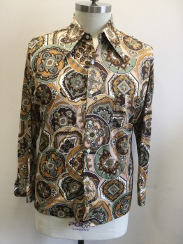 CAPRI, Lt Beige, Brown, Tan Brown, Sage Green, White, Polyester, Novelty Pattern, Large Medallion Multi-Color Print, Button Front, Long Sleeves, Pointed Collar Attached, 1 Pocket