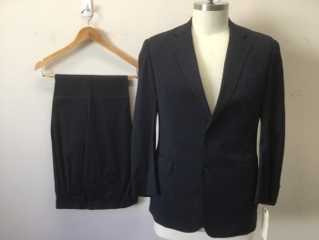 BROOKS BROTHERS, Navy Blue, Gray, Wool, Stripes - Pin, 2 Buttons,  Notched Lapel, 3 Pockets,