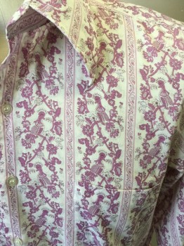 KINGS ROAD, White, Purple, Cotton, Floral, Stripes, Button Front, Pointy Collar Attached, Long Sleeves, 1 Pocket