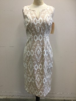 ANNE KLEIN, Beige, Cream, Polyester, Abstract , Geometric, Sleeveless, Back Zipper, Round Neck with Slit, Straight to Below Knee