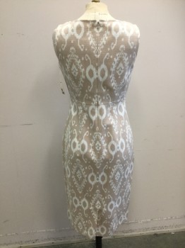 ANNE KLEIN, Beige, Cream, Polyester, Abstract , Geometric, Sleeveless, Back Zipper, Round Neck with Slit, Straight to Below Knee
