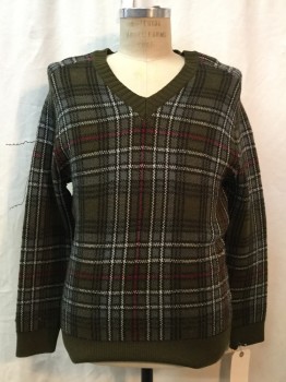 Mens, Pullover Sweater, DIRK SCHONBERGER, Olive Green, Sage Green, Black, White, Red, Wool, Plaid, L, Olive/ Sage/ Black/ White/ Red Plaid, V-neck,