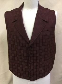 Mens, Vest, NO LABEL, Maroon Red, Wine Red, Brown, Polyester, Acetate, Check , 48, with Solid Wine Lining & Back, Adjustable Belt & Gold Buckle, Large Notched Lapel, Single Breasted, 5 Cover Button Front, 3 Pockets,