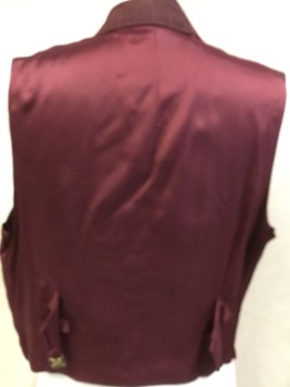 Mens, Vest, NO LABEL, Maroon Red, Wine Red, Brown, Polyester, Acetate, Check , 48, with Solid Wine Lining & Back, Adjustable Belt & Gold Buckle, Large Notched Lapel, Single Breasted, 5 Cover Button Front, 3 Pockets,
